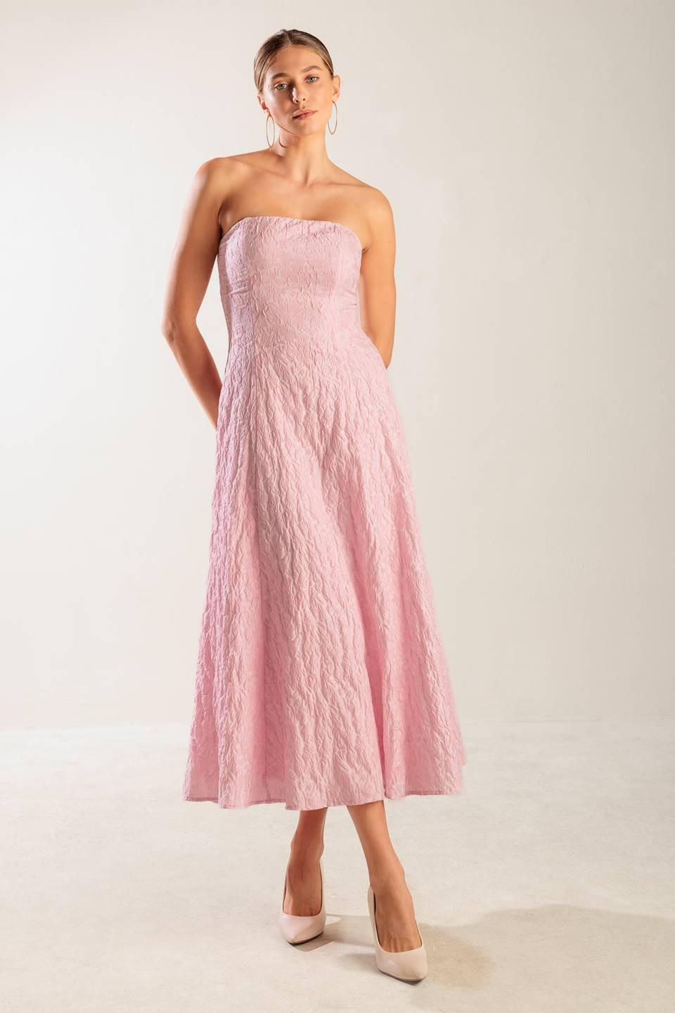 ROLL WITH IT PINK WOVEN MIDI DRESS.