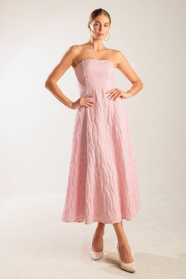 ROLL WITH IT PINK WOVEN MIDI DRESS.
