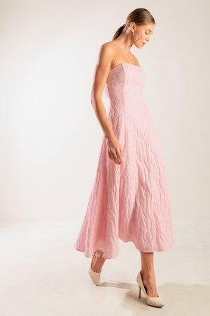 ROLL WITH IT PINK WOVEN MIDI DRESS.