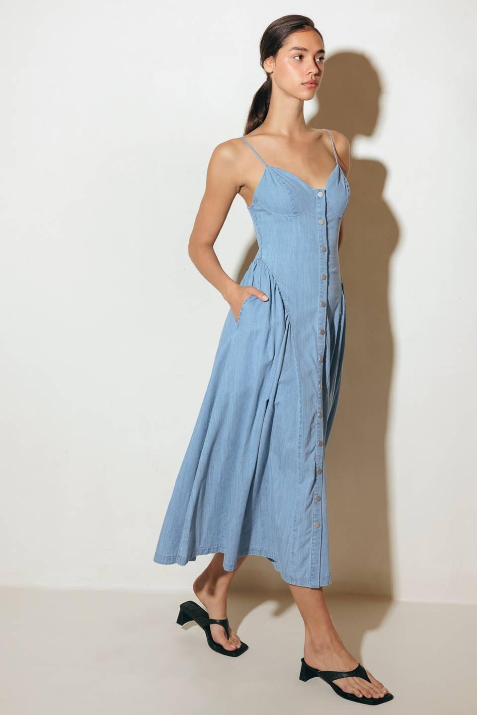 denim cami midi dress Yasmina Cami Strap Knee Length Dress Denim Blue