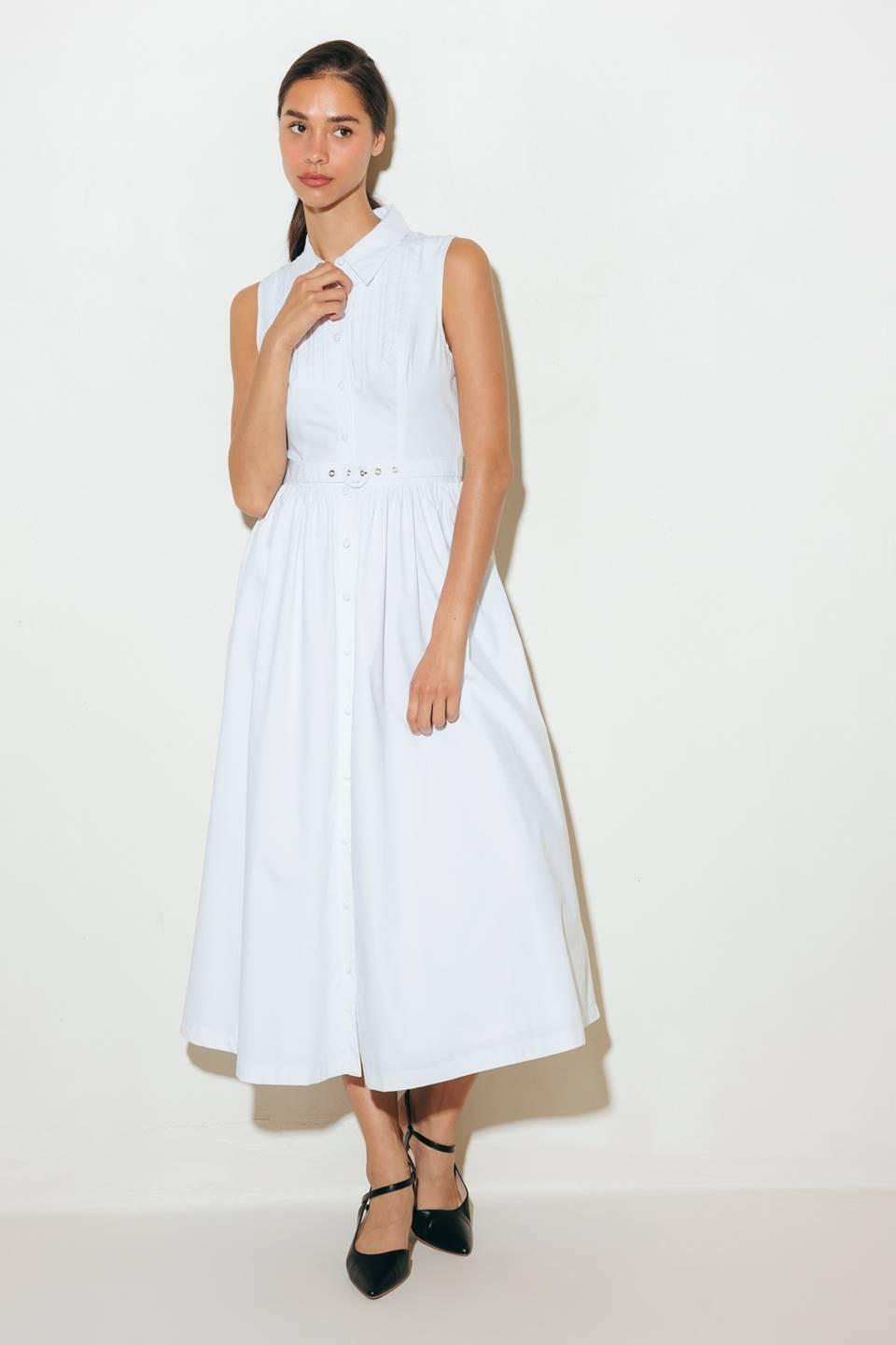 NUE EASE WHITE WOVEN MDI DRESS.