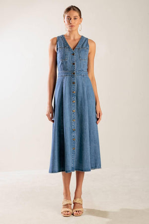 THE JOURNEY BEGINS BLUE DENIM MIDI DRESS.