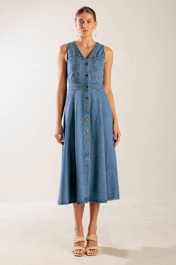 THE JOURNEY BEGINS BLUE DENIM MIDI DRESS.