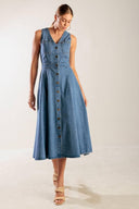 THE JOURNEY BEGINS BLUE DENIM MIDI DRESS.