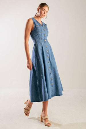 THE JOURNEY BEGINS BLUE DENIM MIDI DRESS.