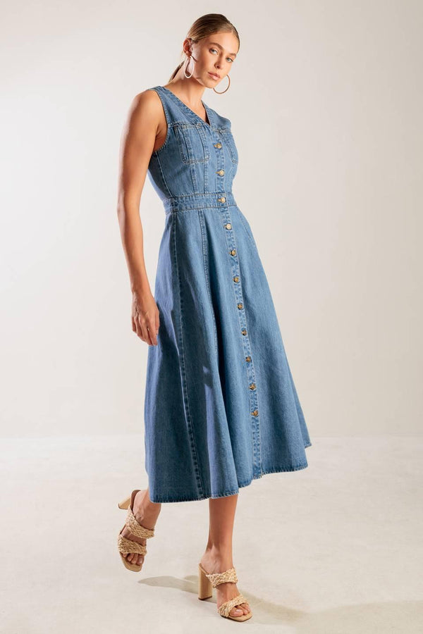 THE JOURNEY BEGINS BLUE DENIM MIDI DRESS.