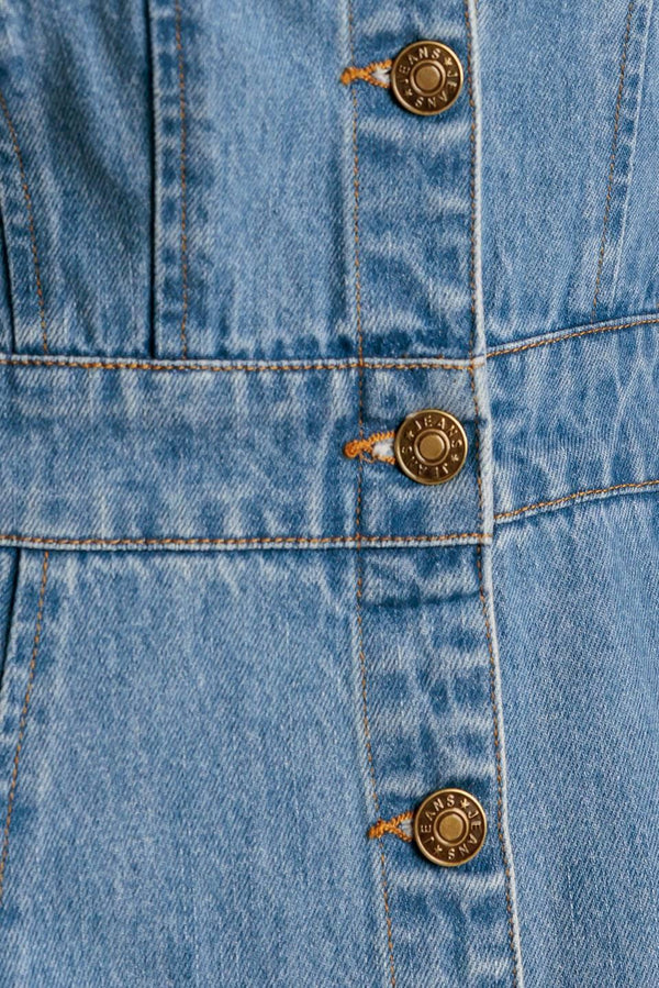 THE JOURNEY BEGINS BLUE DENIM MIDI DRESS.