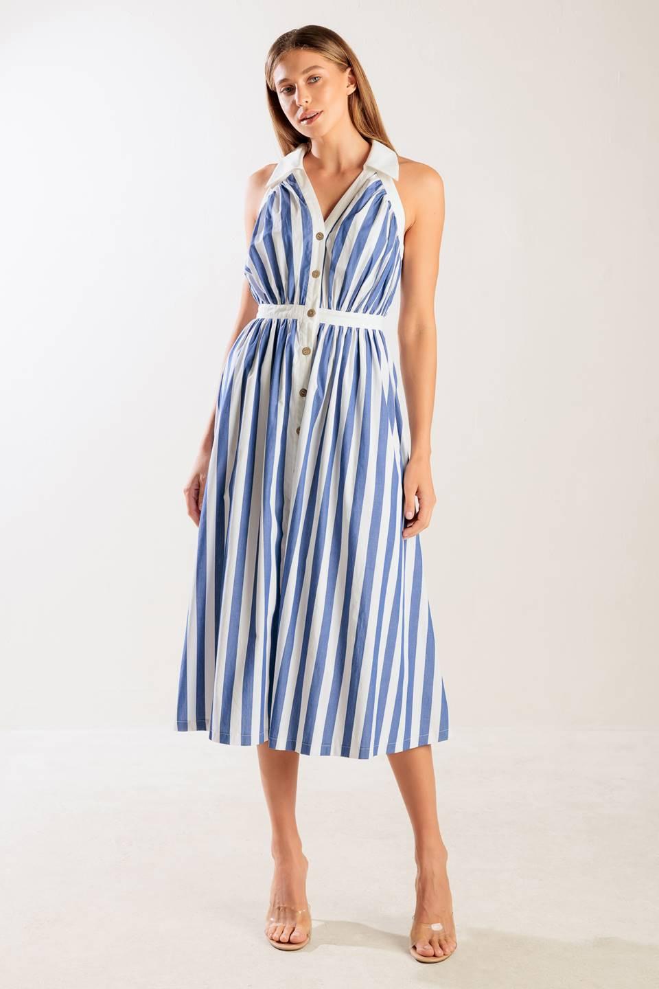 A navy and white striped woven midi dress featuring collar, V neckline, button down, and full skirt.