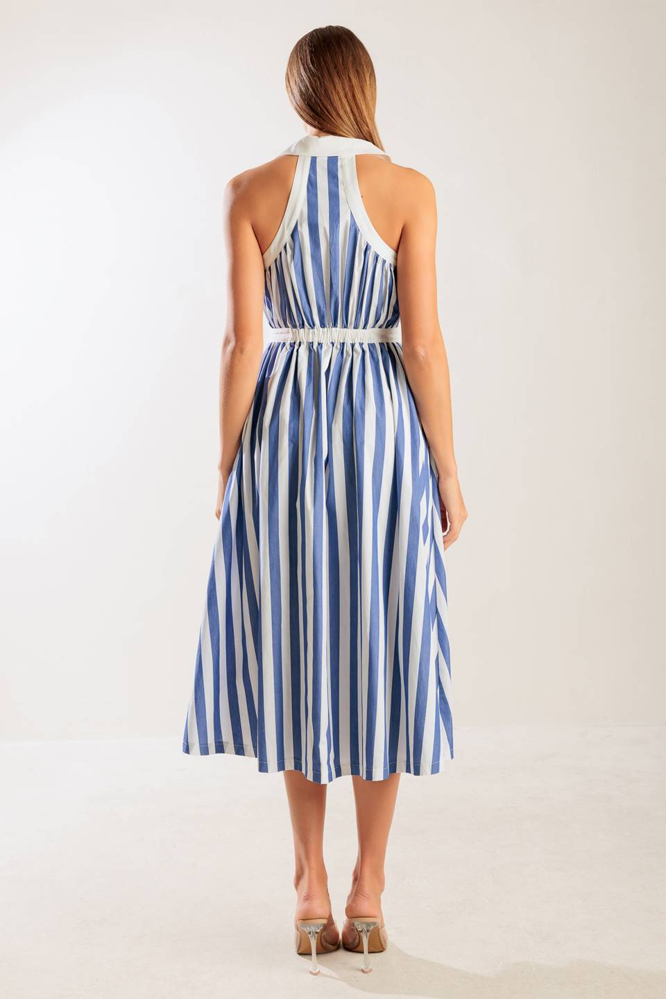 A navy and white striped woven midi dress featuring collar, V neckline, button down, and full skirt.