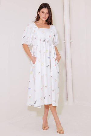 THE WORLD IS YOURS WOVEN MIDI DRESS.