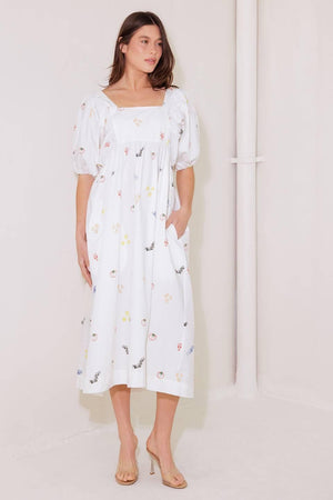 THE WORLD IS YOURS WOVEN MIDI DRESS.