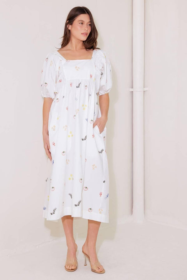 THE WORLD IS YOURS WOVEN MIDI DRESS.