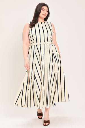 Woman wearing a navy and white striped midi dress featuring wide neckline, sleeveless, self belt, full skirt, low back with zipper closure | FREEMARKET