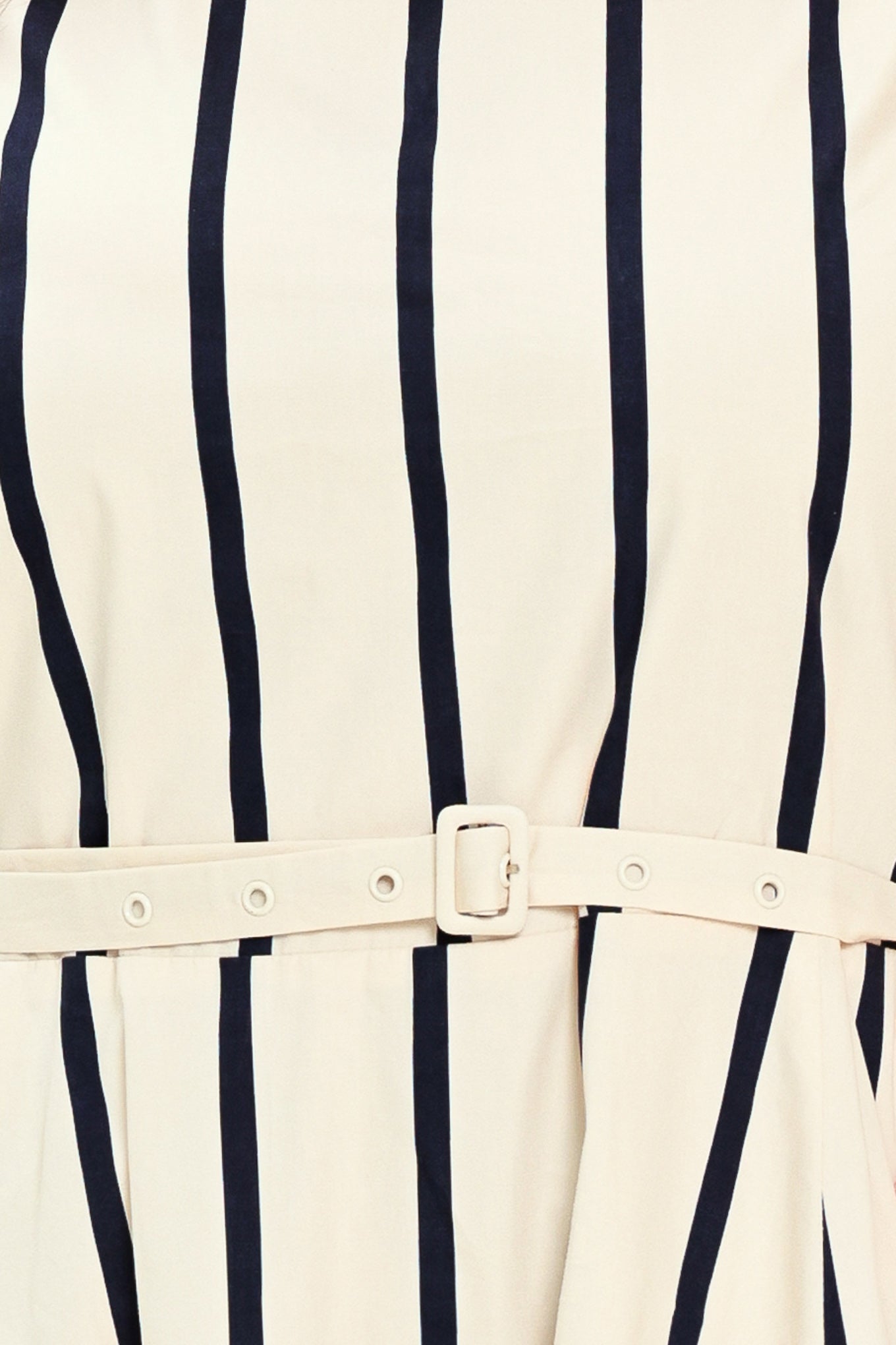 Woman wearing a navy and white striped midi dress featuring wide neckline, sleeveless, self belt, full skirt, low back with zipper closure | FREEMARKET
