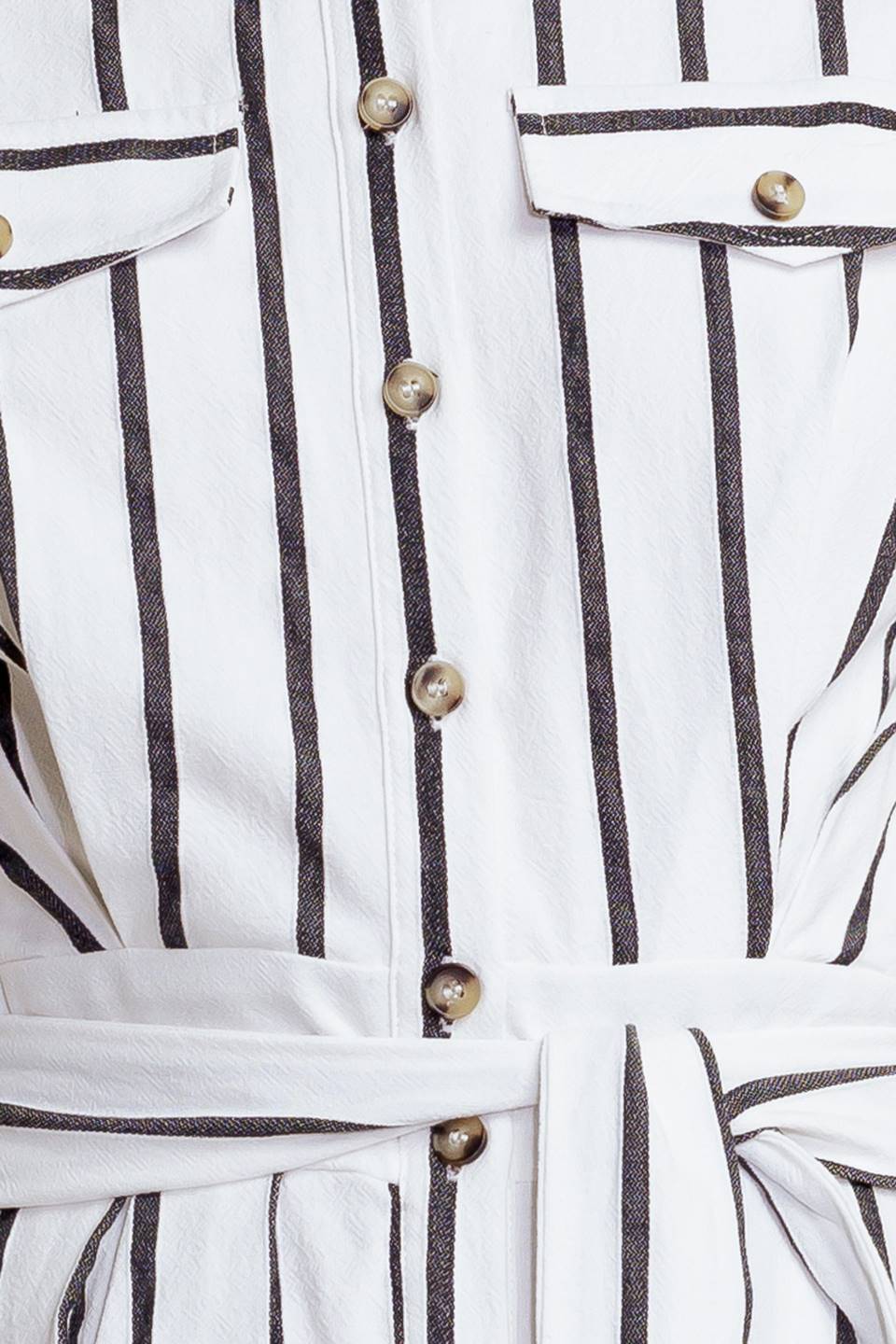 A striped woven midi dress featuring collar, sleeveless, button down, front pocket, self sash tie and full circle skirt