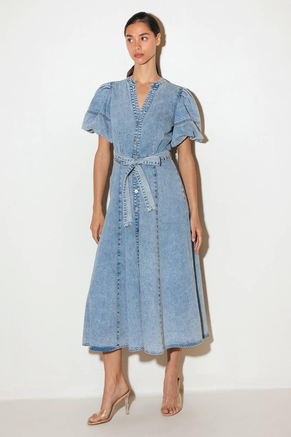 BAREFORM LIGHT DENIM MIDI DRESS.