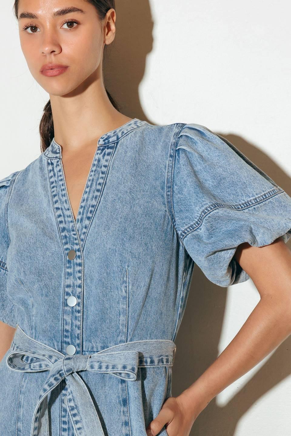 BAREFORM LIGHT DENIM MIDI DRESS.