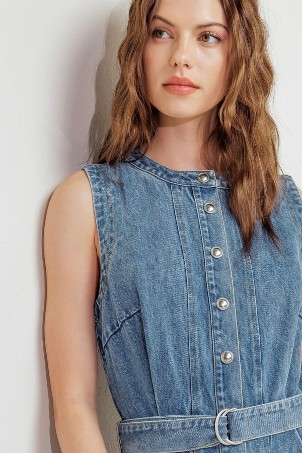 MIDNIGHT RODEO DENIM MIDI DRESS.