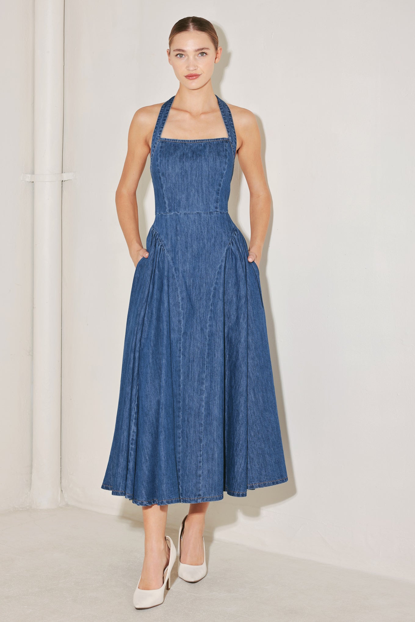 AMERICAN SUMMER NOTE DENIM MIDI DRESS