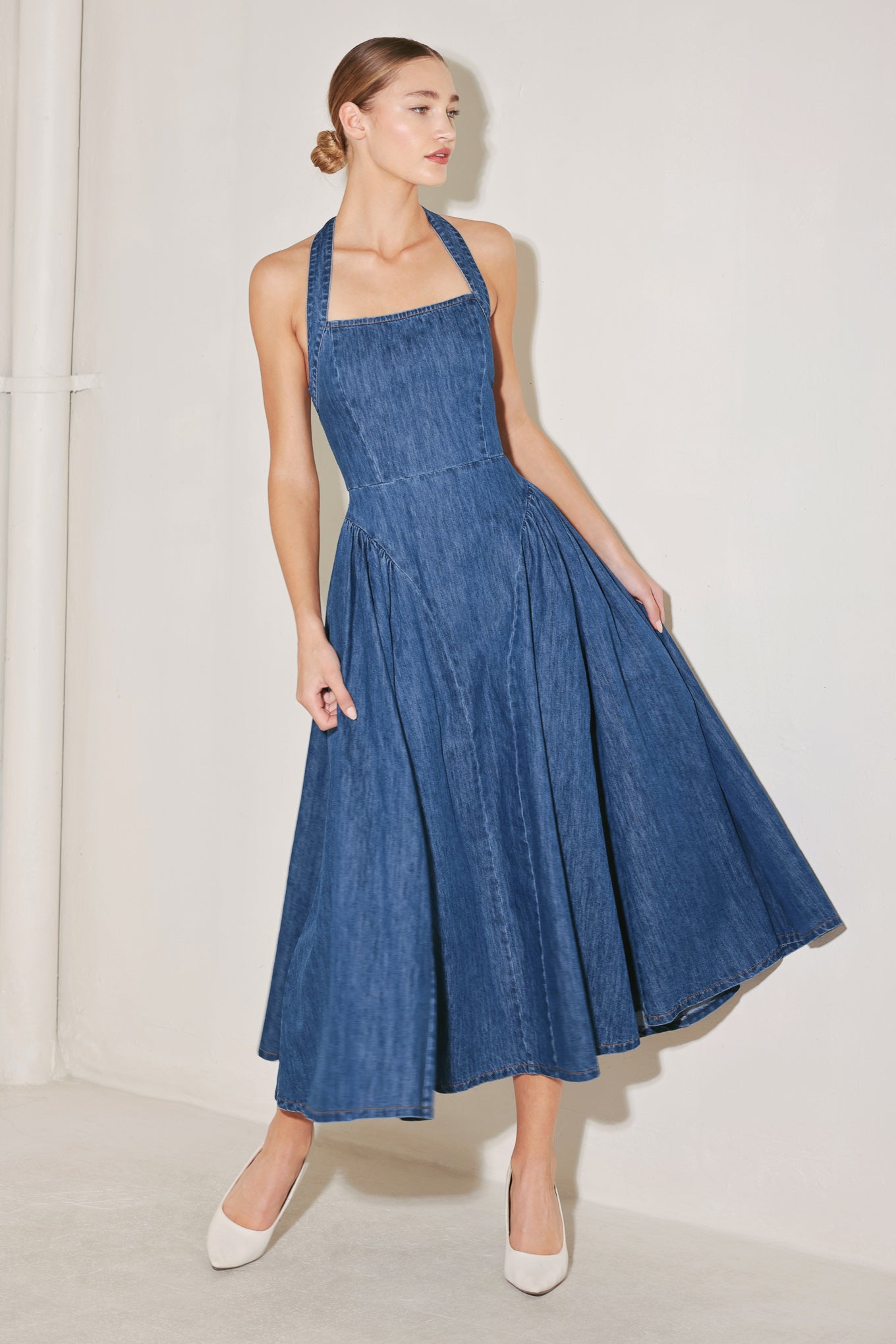AMERICAN SUMMER NOTE DENIM MIDI DRESS