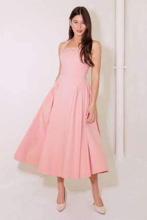 CAUGHT IN THE RAIN PINK WOVEN MIDI DRESS.