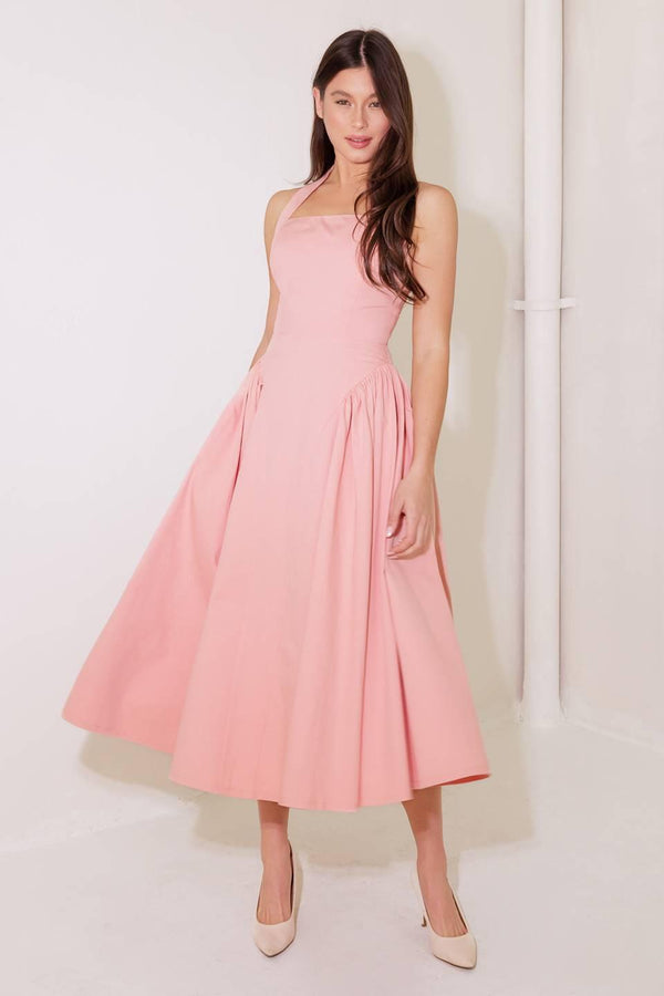 CAUGHT IN THE RAIN PINK WOVEN MIDI DRESS.
