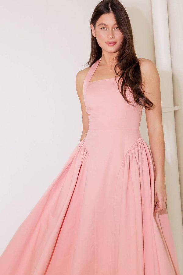 CAUGHT IN THE RAIN PINK WOVEN MIDI DRESS.