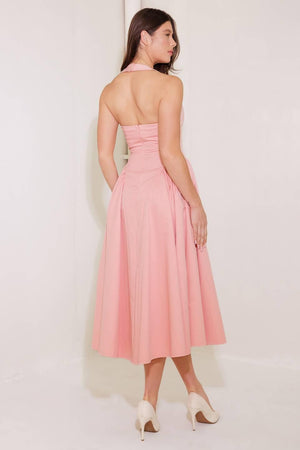 CAUGHT IN THE RAIN PINK WOVEN MIDI DRESS.