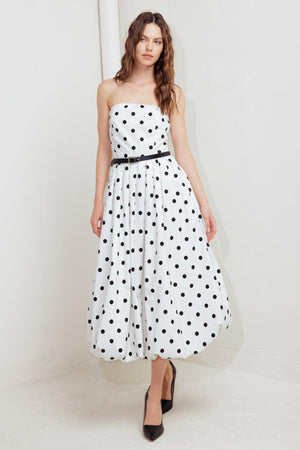 MONROE DOT WHITE WOVEN MIDI DRESS.