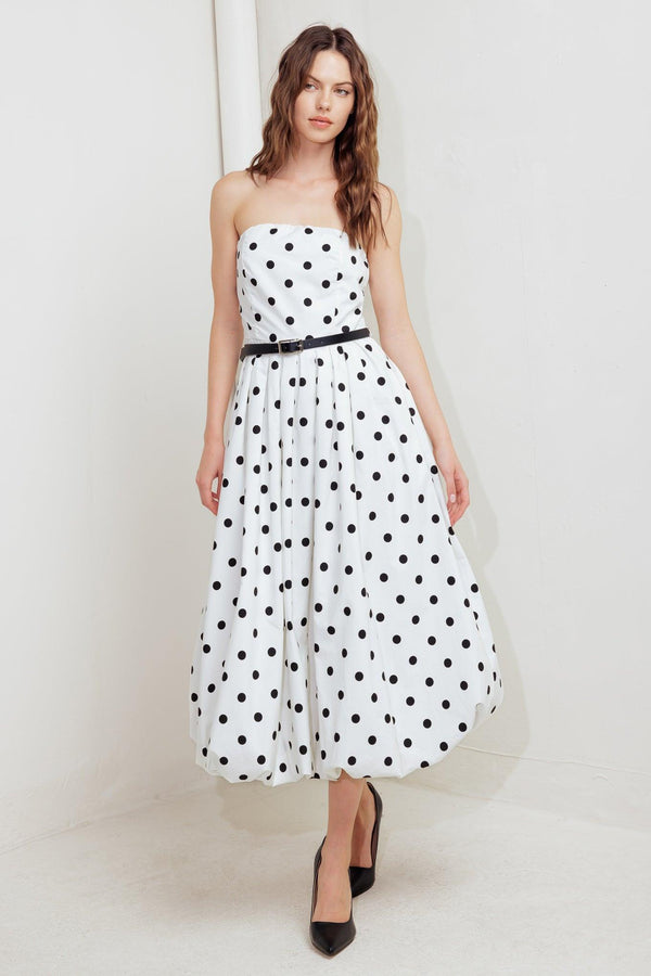 MONROE DOT WHITE WOVEN MIDI DRESS.