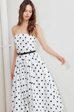 MONROE DOT WHITE WOVEN MIDI DRESS.