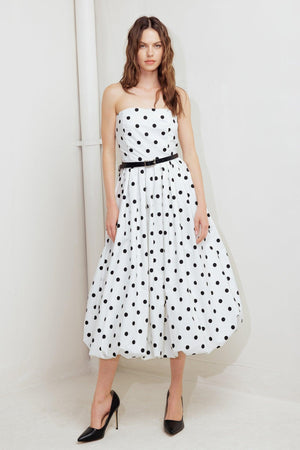 MONROE DOT WHITE WOVEN MIDI DRESS.