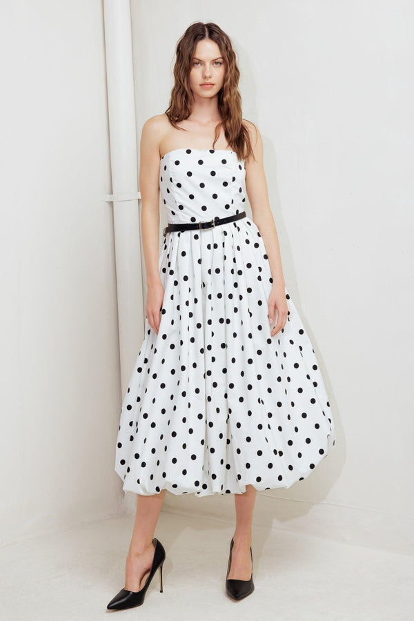 MONROE DOT WHITE WOVEN MIDI DRESS.