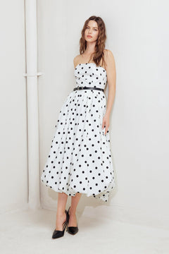 MONROE DOT WHITE WOVEN MIDI DRESS.