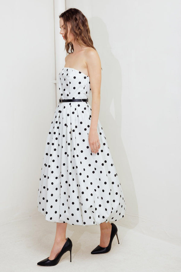 MONROE DOT WHITE WOVEN MIDI DRESS.