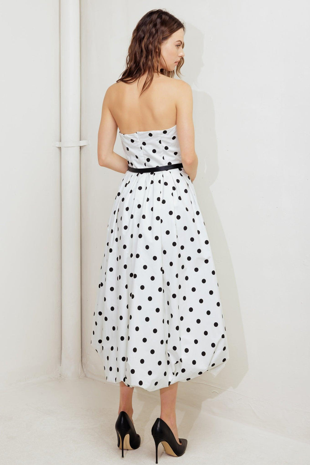 MONROE DOT WHITE WOVEN MIDI DRESS.