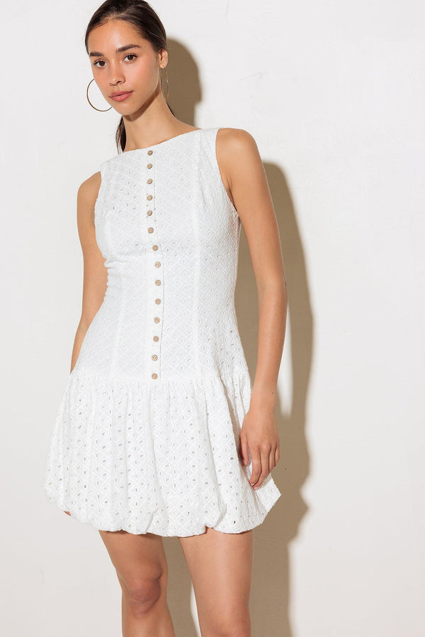 AT FIRST GLANCE WOVEN MINI DRESS.