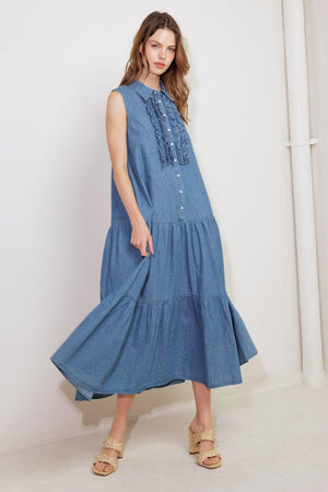 PETALS FALLING SLOWLY DENIM MIDI DRESS.