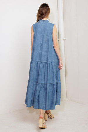 PETALS FALLING SLOWLY DENIM MIDI DRESS.