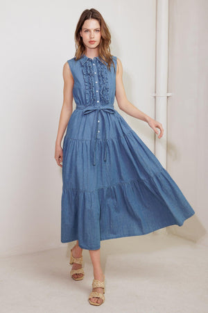 PETALS FALLING SLOWLY DENIM MIDI DRESS.