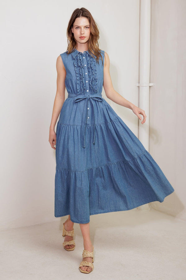 PETALS FALLING SLOWLY DENIM MIDI DRESS.