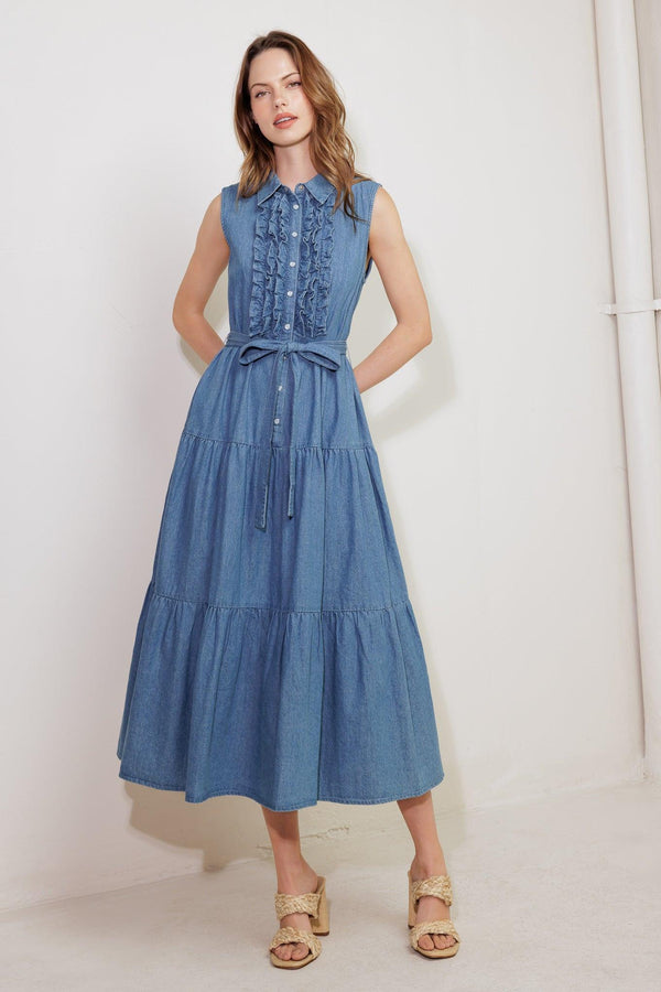 PETALS FALLING SLOWLY DENIM MIDI DRESS.