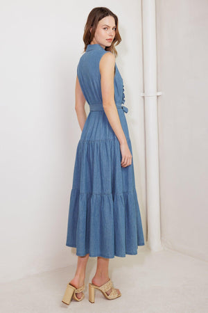 PETALS FALLING SLOWLY DENIM MIDI DRESS.