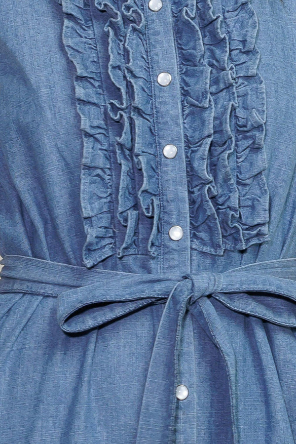 PETALS FALLING SLOWLY DENIM MIDI DRESS.