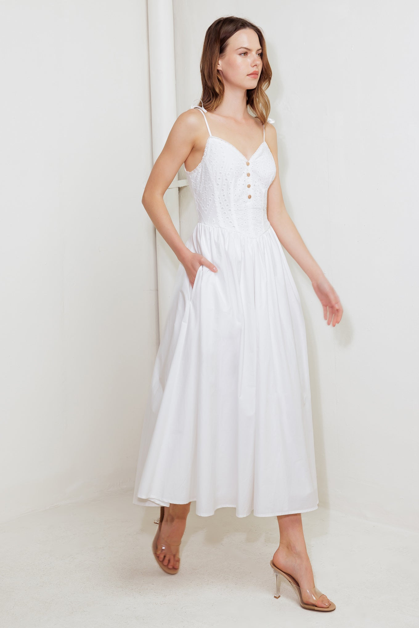 SUNDAY PETALS WHITE WOVEN MIDI DRESS