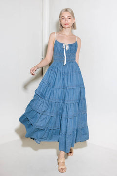 ETERNAL DESIRE DENIM MIDI DRESS.