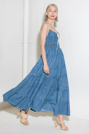 ETERNAL DESIRE DENIM MIDI DRESS.