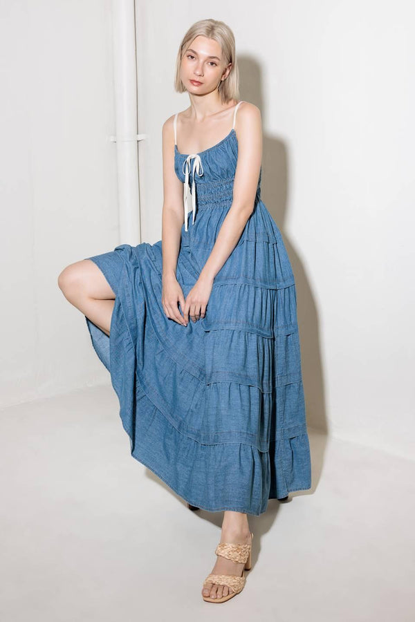ETERNAL DESIRE DENIM MIDI DRESS.