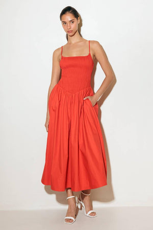 MOVE WITH INTENTION RED WOVEN MIDI DRESS.