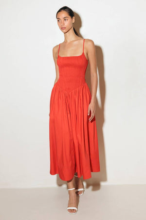 MOVE WITH INTENTION RED WOVEN MIDI DRESS.